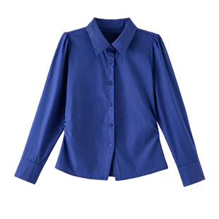 晚白2026春季新款法式纯棉衬衣克莱因蓝小个子通勤衬衫女上衣短款