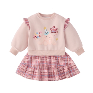 女童卫衣裙春秋新款儿童格纹裙中童春装连衣裙女宝宝长袖裙子春季