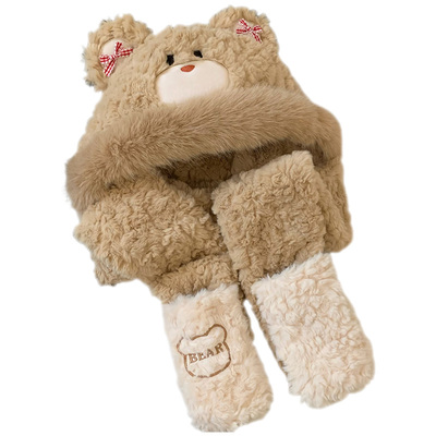 小熊耳朵蝴蝶结可爱毛绒帽子围巾