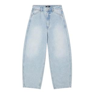 Oneup浅蓝水洗牛仔裤直筒休闲拖地低腰浅色宽松阔腿弯刀长裤男女