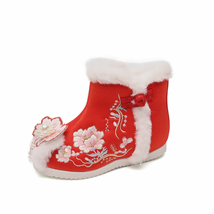 老北京儿童布鞋民族风绣花鞋女童冬季棉靴古风拜年鞋中国风汉服鞋