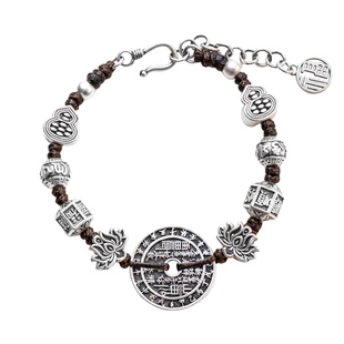 足银990山鬼花钱手链纯银手串男女新款新中式国风编织手绳护身符