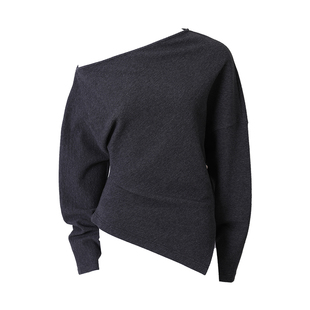 Mogas氛围感出街系列 不对称露肩上衣下摆开衩收腰褶皱卫衣女春秋