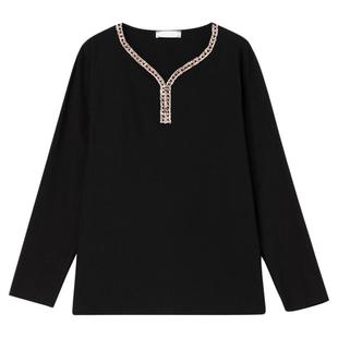 纯棉高端t恤品牌女长袖2025新款V领小衫中年妈妈秋装大码宽松上衣