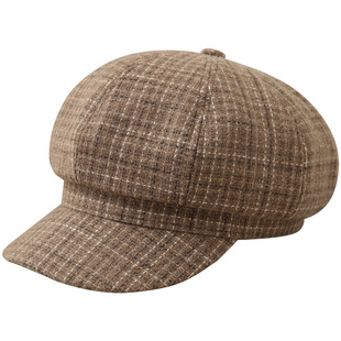 复古格纹八角帽子女士秋冬季新款毛呢报童帽短檐宽檐显脸小画家帽