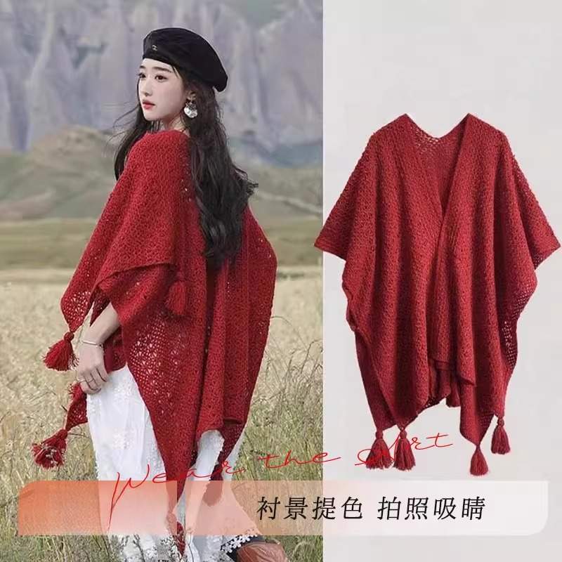 纯色民族风针织披肩女薄款外搭云南丽江旅行拍照穿搭披风斗篷外套