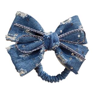 扎头发绳女儿童布艺大蝴蝶结橡皮筋绑马尾头花秋冬新款牛仔蓝发圈