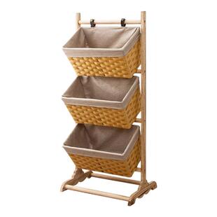 实木多层置物架客厅零食收纳架子仿藤编书报架吊篮落地玩具储物架
