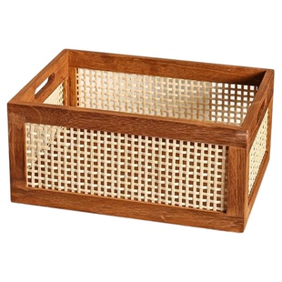 复古镂空藤编收纳筐木质长方形收纳盒日式客厅玩具书本收纳筐家用