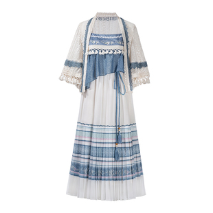 汉元素通勤轻汉服连衣裙月蓝原创改良吊带裙新中式上衣国风套装女