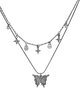 双层蝴蝶冰晶叠带项链女2025年新款小众清冷感个性独特锁骨链配饰