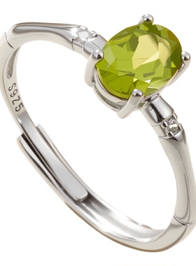 椭圆形天然橄榄石女戒指S925纯银