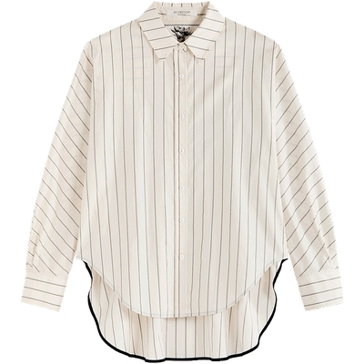 EXCEPTION例外女装中式桑蚕丝混纺前后摆设计条纹廓形衬衫