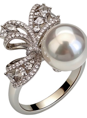 西大班人造澳白蝴蝶结珍珠戒指