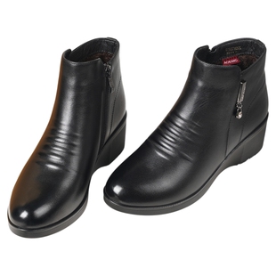 奥康 女靴冬季加绒坡跟保暖真皮中老年妈妈皮棉鞋休闲时装短靴L