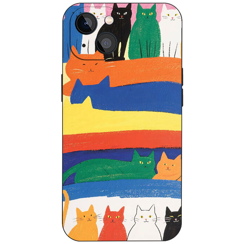 彩虹条纹满铺多彩猫咪 ins复古油画卡通手机壳适用iPhone17ProMax苹果16爱猫青年磁吸磨砂硅胶全包防摔保护套
