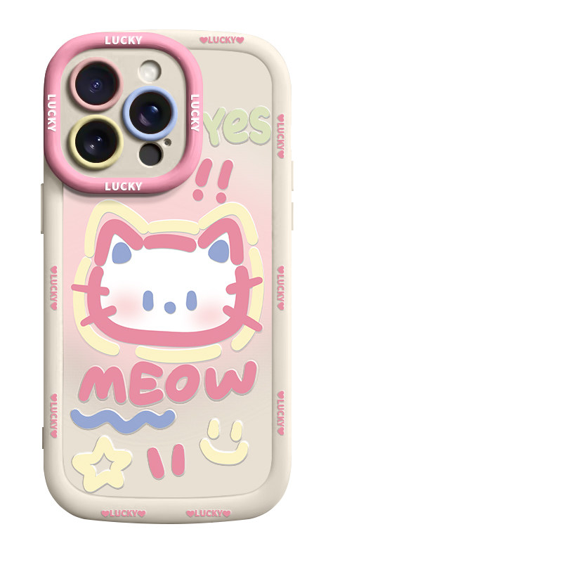 涂鸦卡通猫咪适用苹果16promax手机壳iphone15pro带挂绳17新款14手绳13/11/套12max女x/xs