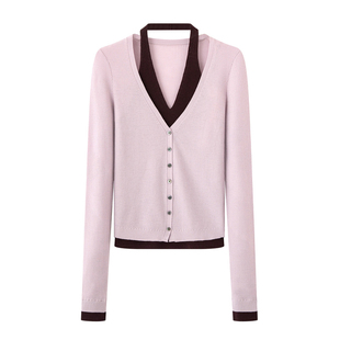 艾诺丝国内代购2026春季新款拼接假两件V领针织衫开衫毛衣801194