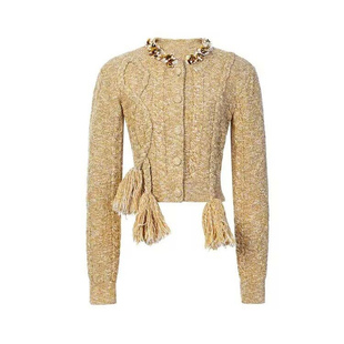 小香风名媛立体绞花流苏复古纽绳毛衣女姜黄色钉珠圆领针织外套女