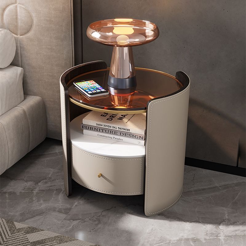 zsr意式极简圆形床头柜创意卧室马鞍皮钢化玻璃高端设计感床边储