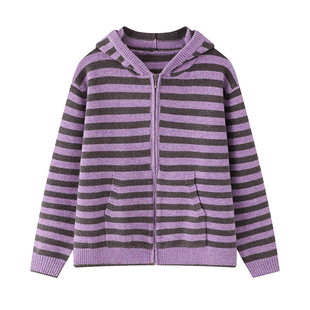 CCKOK 拼色条纹厚实连帽毛衣开衫2025秋季新款复古甜酷针织外套女