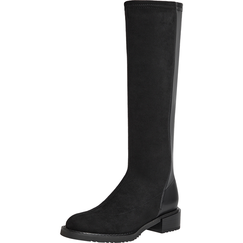 真美诗2025冬季新款羊皮拼接瘦瘦靴厚底骑士靴显瘦长靴女YUJ62DG5