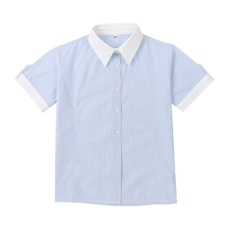 蓝白条纹短袖衬衫学生校服斯踏迪