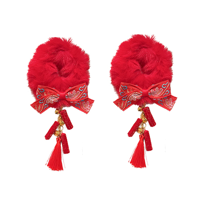 2026马年新款春节中国风毛绒蝴蝶结发圈女珍珠流苏头饰可爱发饰绳