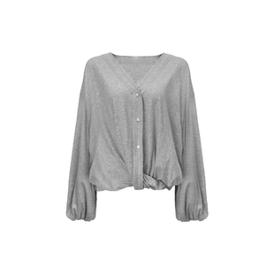 Bettychow 真丝亚麻包裹式麻灰色开衫打底衫高级感休闲露肩上衣