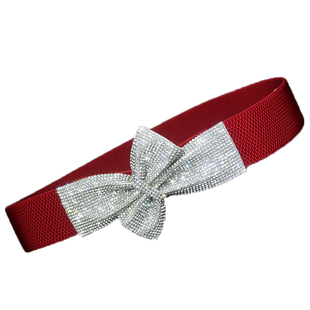 百搭红白色连衣裙窄腰带女士夏季弹力松紧腰封水钻蝴蝶结裙带装饰