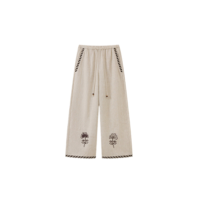 ICEDUST亚麻绳绣花朵阔腿裤