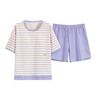 条纹睡衣女款纯棉圆领套头短袖短裤带胸垫夏季宽松休闲家居服套装