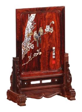 喜上眉梢彩贝红木小台屏桌面摆件