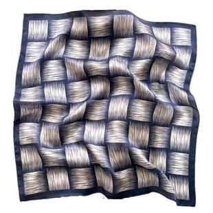 杭州蓝色棋盘格子真丝小方巾女春秋季韩国桑蚕丝围巾丝绸发带丝巾