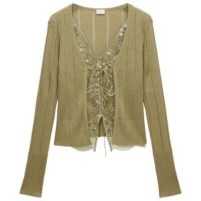 OCHIRLY欧时力拼接蕾丝针织外套