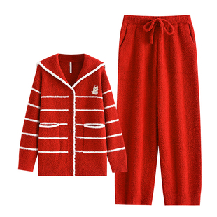 悦内半边绒睡衣女士冬季秋冬加厚加绒珊瑚绒家居服红色本命年套装
