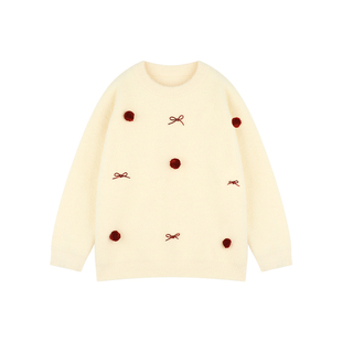 Amybaby女童上衣冬季2025新款温柔甜美风毛球点缀加厚保暖毛衣
