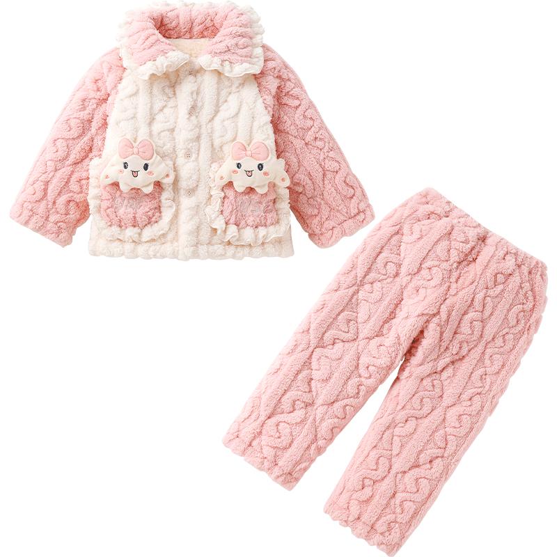 儿童睡衣加厚款法兰绒女宝宝家居服睡衣珊瑚绒套装女童睡衣秋冬季