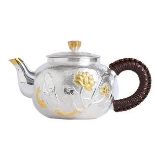 乔师傅手工银壶纯银999泡茶壶茶具套装公道杯茶杯家用镀金荷花壶