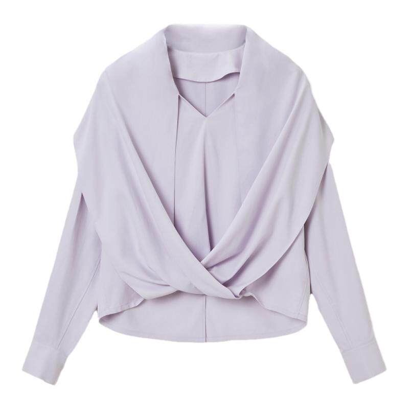 OVV秋冬新款女装23MM重磅真丝V领交叉设计长袖衬衣