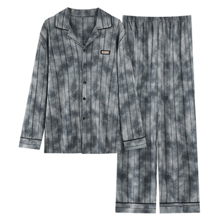 睡衣男款保暖德绒羊毛绒蚕丝开衫秋冬季青少年潮流扎染条纹家居服