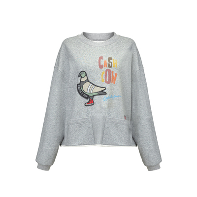 溜冰小鸽子花灰色刺绣宽松卫衣