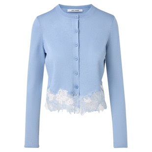 朗姿蓝色简约蕾丝拼接针织开衫女优雅设计感毛衣2026年春季新款