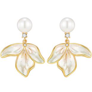 【自营】英国DB 叶子珍珠耳环女淡水珍珠耳钉女镀18k金送520礼物