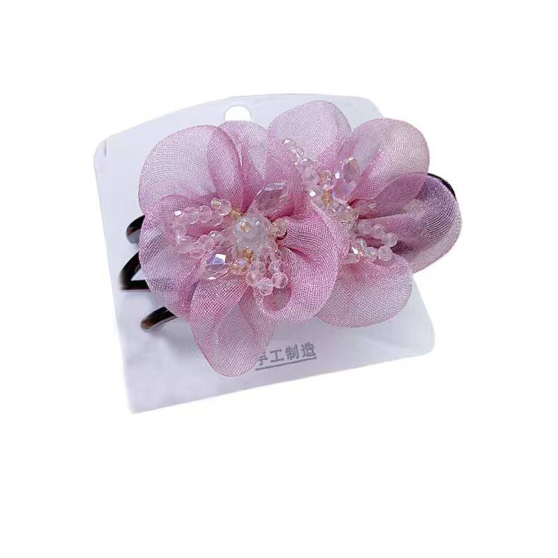 女款简约头饰发夹后脑勺大号雪纺水晶花朵三齿鸭嘴夹抓夹盘头发夹