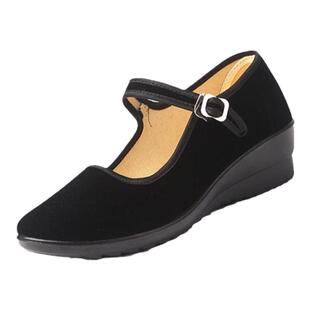 老北京布鞋女坡跟单鞋软底防滑酒店红色礼仪鞋妈妈跳舞增高黑布鞋