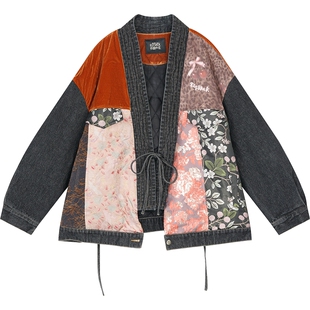 妖精的口袋撞色牛仔拼接新中式棉衣女2026年冬季新款国风夹棉外套