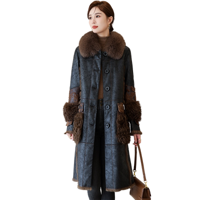 中长款复古时尚狐狸毛领皮草大衣