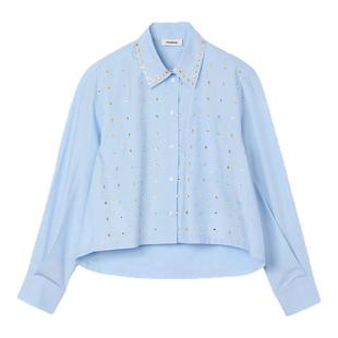 季末6折SANDRO2025秋冬新款女装时尚休闲棉质仿钻翻领宽松衬衫