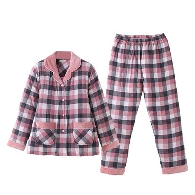 达尔丽加厚夹棉睡衣女冬三层空气棉保暖格子情侣纯棉男家居服超厚